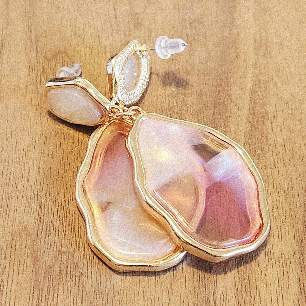 Pink Iridescent Gold Tone Organic Drop Earrings Pebble Statement Jewelry 2.25